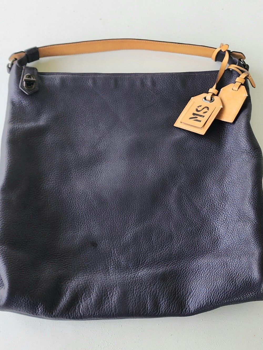 Reed Krakoff Navy Leather Shoulder Bag with Tan Accents